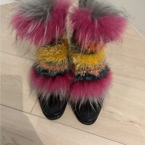 Vibrant Multicolor Fur Trim Women's Boots